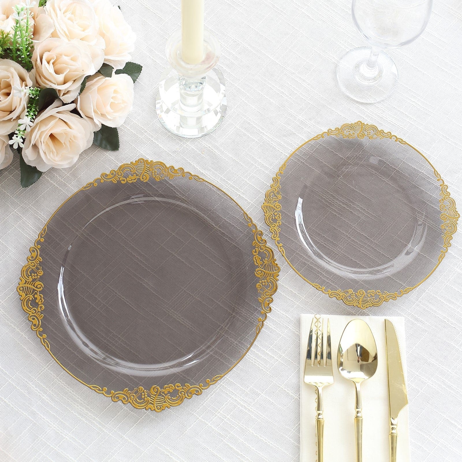 10 Round Plastic Salad Dinner Plates with Embossed Baroque Rim - Disposable Tableware