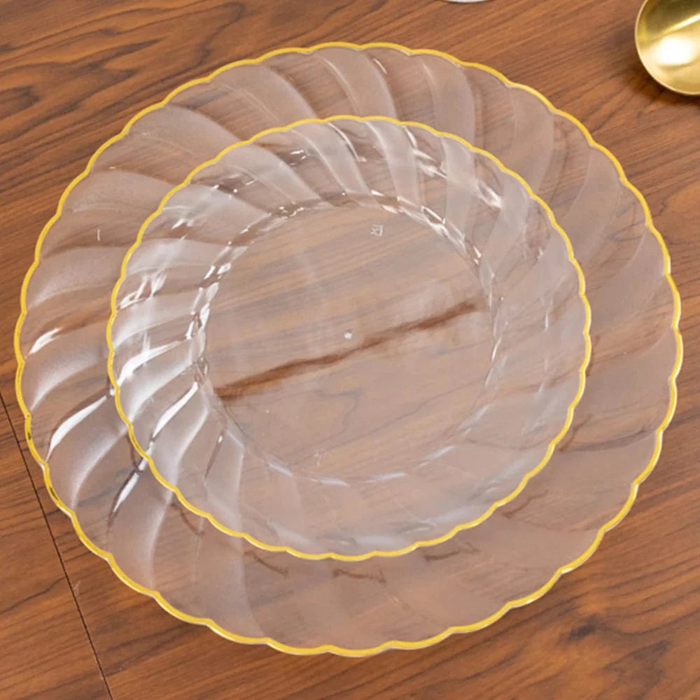 10 Round Plastic Salad Dinner Plates with Gold Swirl Design Rim - Disposable Tableware