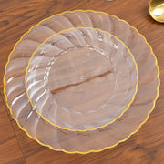 10 Round Plastic Salad Dinner Plates with Gold Swirl Design Rim - Disposable Tableware