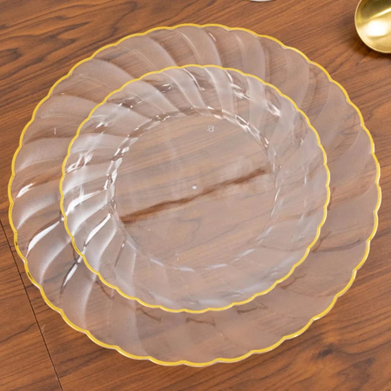10 Round Plastic Salad Dinner Plates with Gold Swirl Design Rim - Disposable Tableware