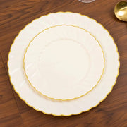 10 Round Plastic Salad Dinner Plates with Gold Swirl Design Rim - Disposable Tableware