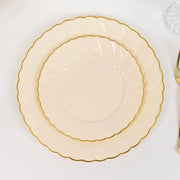 10 Round Plastic Salad Dinner Plates with Gold Swirl Design Rim - Disposable Tableware