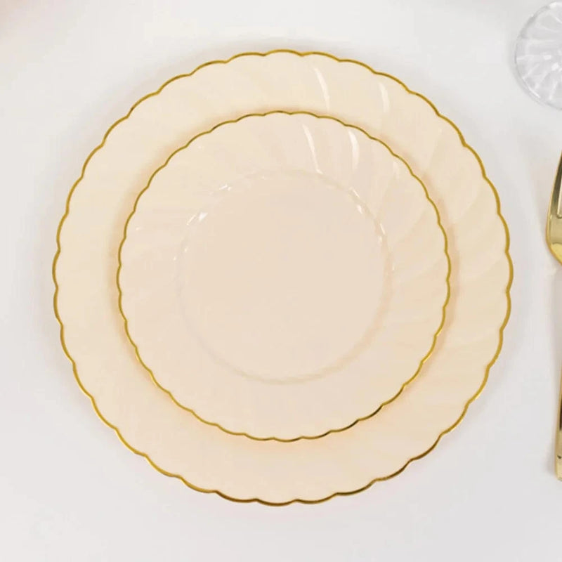 10 Round Plastic Salad Dinner Plates with Gold Swirl Design Rim - Disposable Tableware