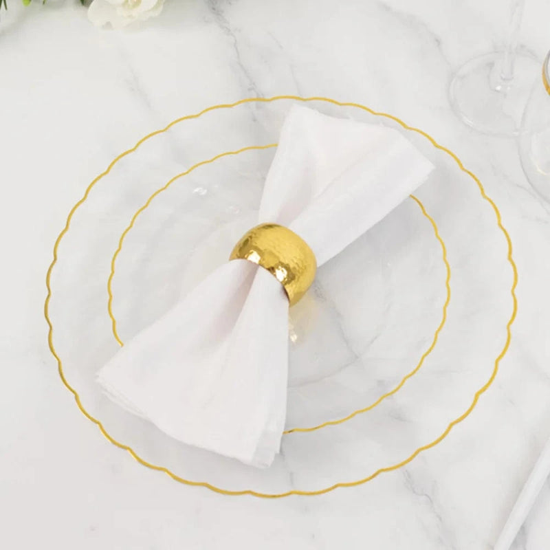 10 Round Plastic Salad Dinner Plates with Gold Swirl Design Rim - Disposable Tableware