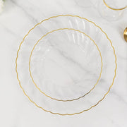 10 Round Plastic Salad Dinner Plates with Gold Swirl Design Rim - Disposable Tableware