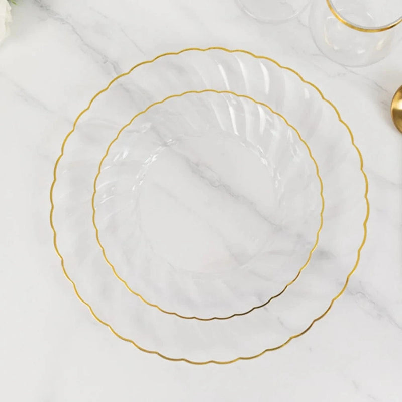 10 Round Plastic Salad Dinner Plates with Gold Swirl Design Rim - Disposable Tableware