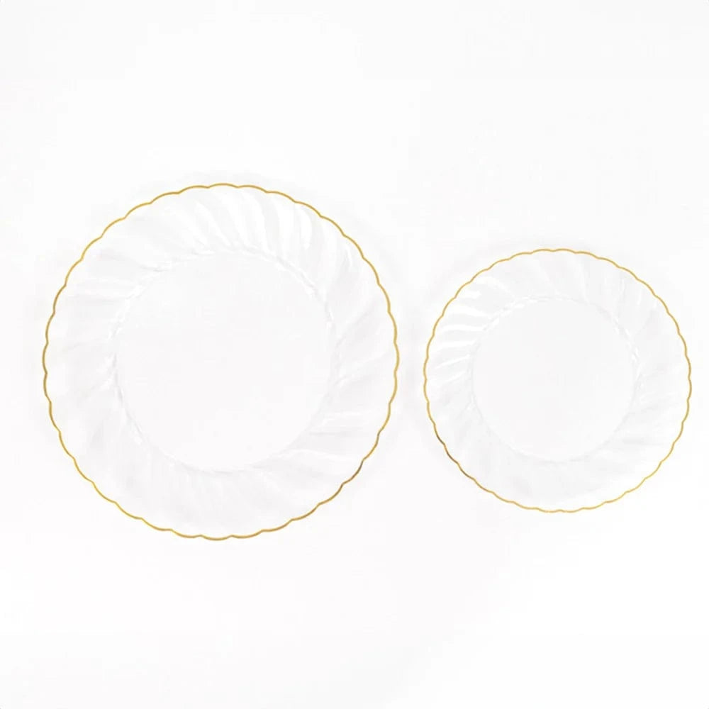 10 Round Plastic Salad Dinner Plates with Gold Swirl Design Rim - Disposable Tableware