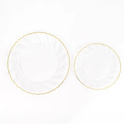 10 Round Plastic Salad Dinner Plates with Gold Swirl Design Rim - Disposable Tableware