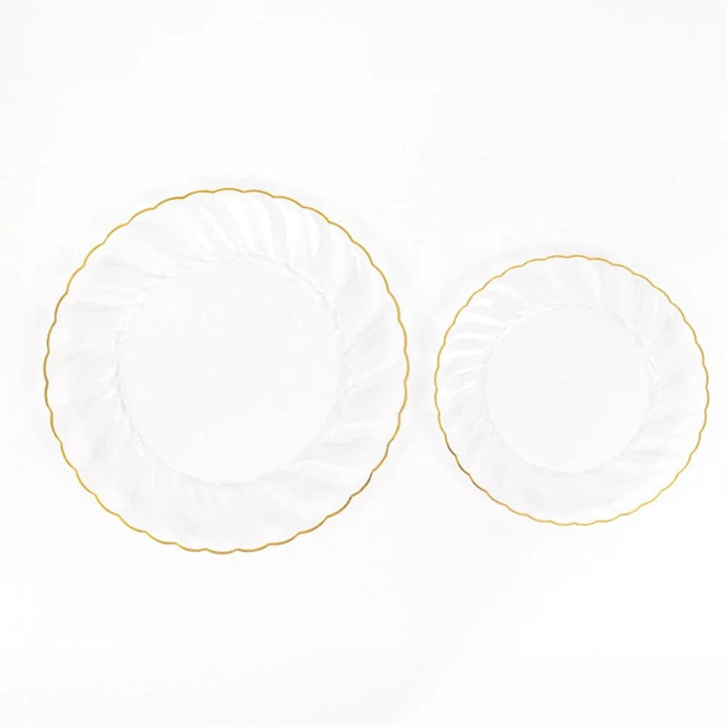 10 Round Plastic Salad Dinner Plates with Gold Swirl Design Rim - Disposable Tableware
