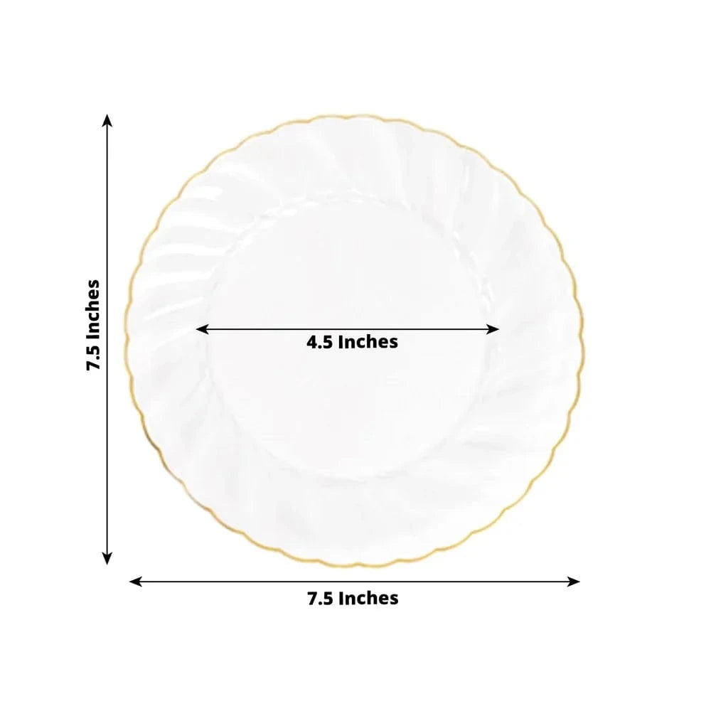 10 Round Plastic Salad Dinner Plates with Gold Swirl Design Rim - Disposable Tableware