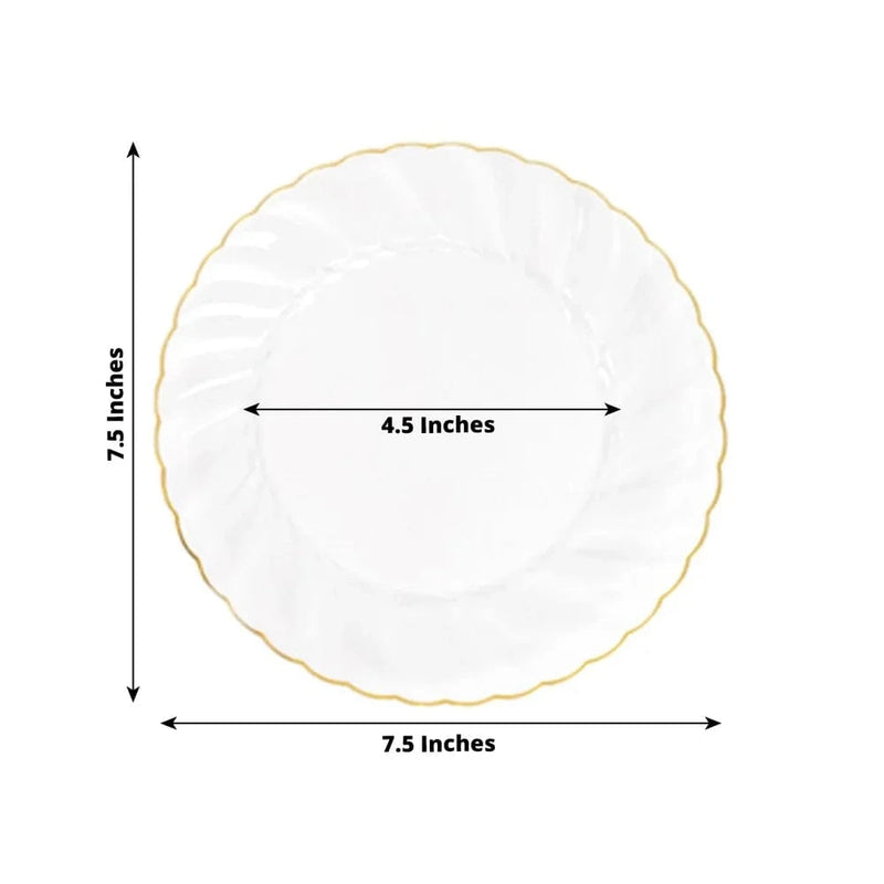 10 Round Plastic Salad Dinner Plates with Gold Swirl Design Rim - Disposable Tableware