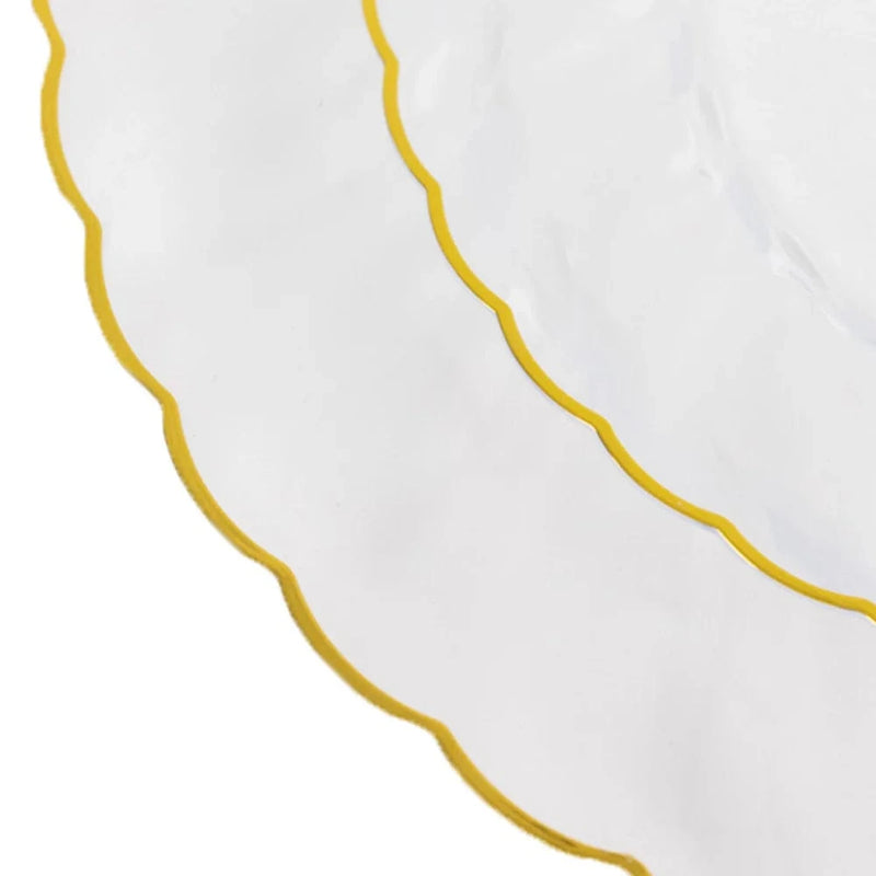 10 Round Plastic Salad Dinner Plates with Gold Swirl Design Rim - Disposable Tableware