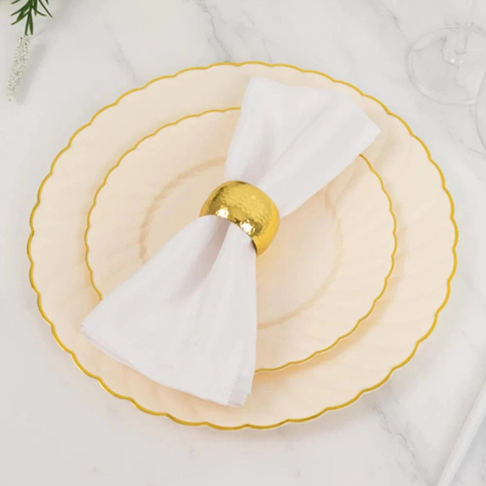 10 Round Plastic Salad Dinner Plates with Gold Swirl Design Rim - Disposable Tableware