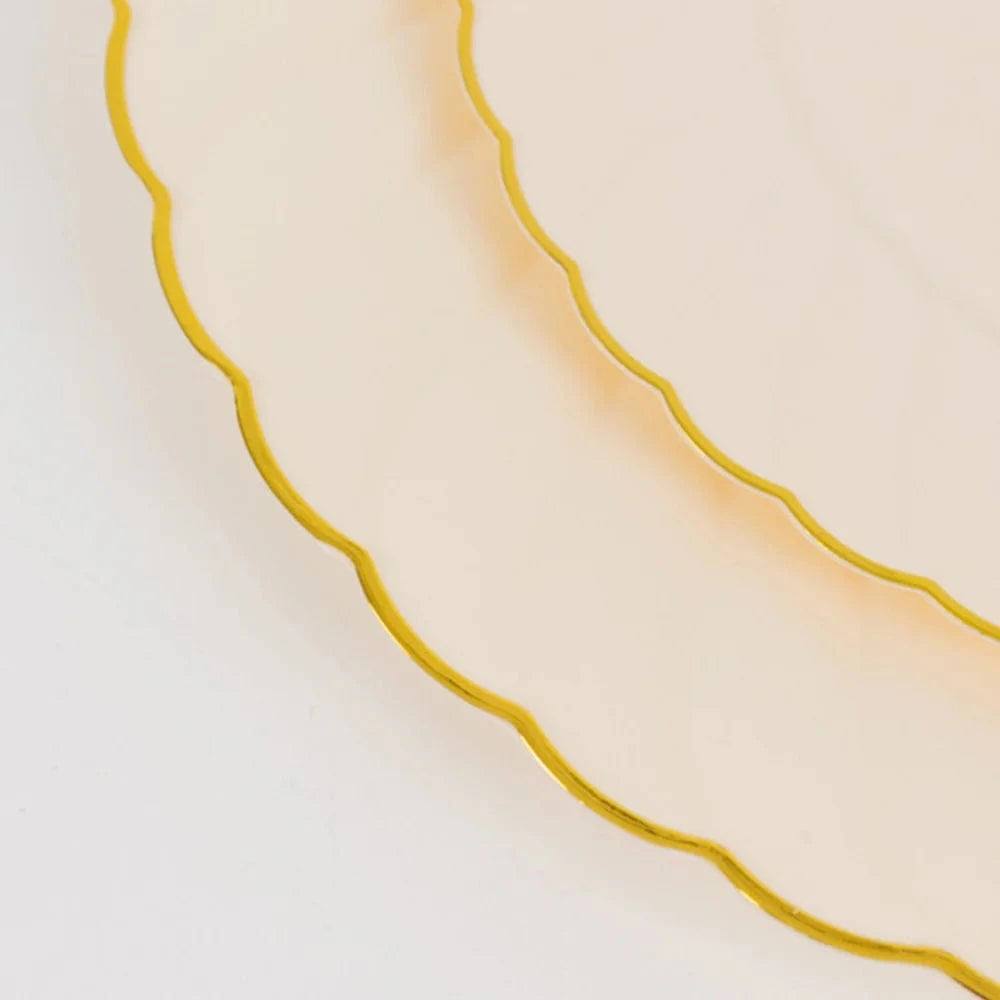 10 Round Plastic Salad Dinner Plates with Gold Swirl Design Rim - Disposable Tableware