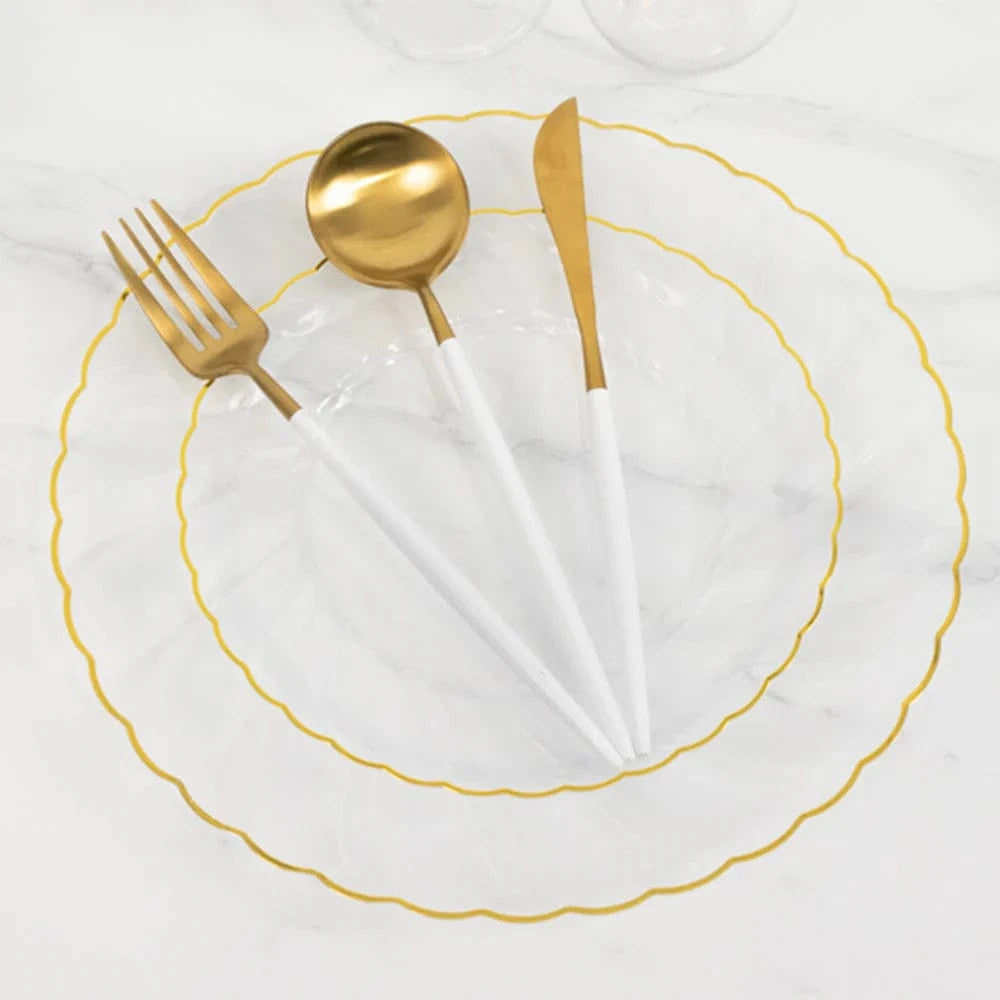 10 Round Plastic Salad Dinner Plates with Gold Swirl Design Rim - Disposable Tableware