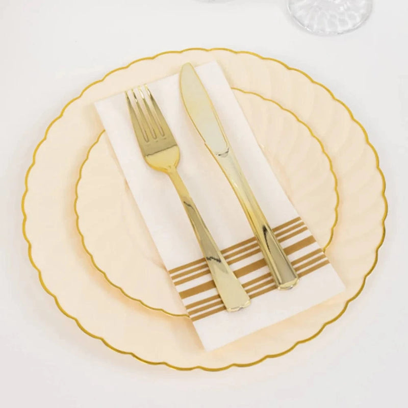 10 Round Plastic Salad Dinner Plates with Gold Swirl Design Rim - Disposable Tableware