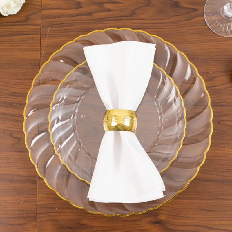 10 Round Plastic Salad Dinner Plates with Gold Swirl Design Rim - Disposable Tableware