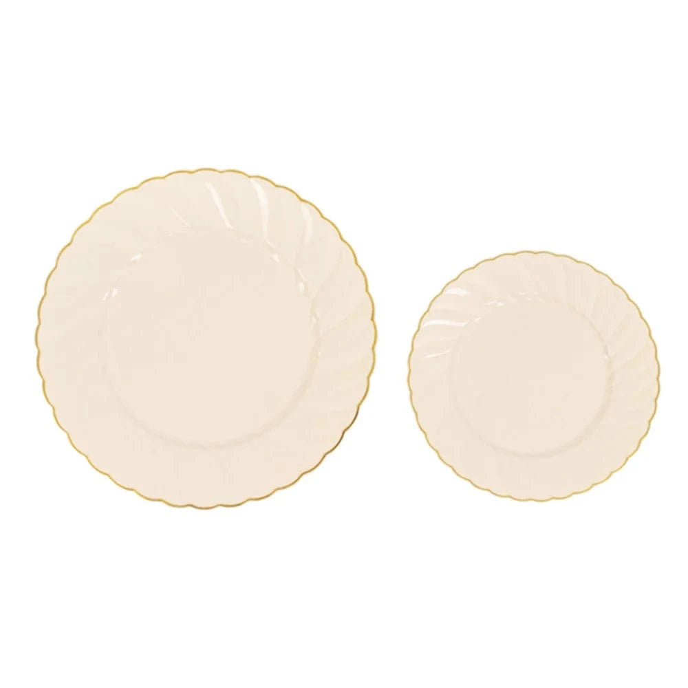 10 Round Plastic Salad Dinner Plates with Gold Swirl Design Rim - Disposable Tableware