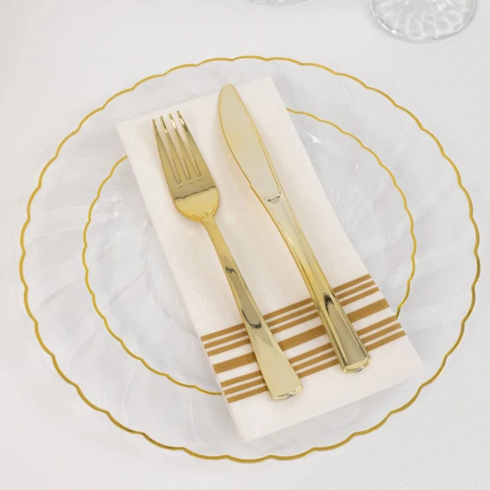 10 Round Plastic Salad Dinner Plates with Gold Swirl Design Rim - Disposable Tableware