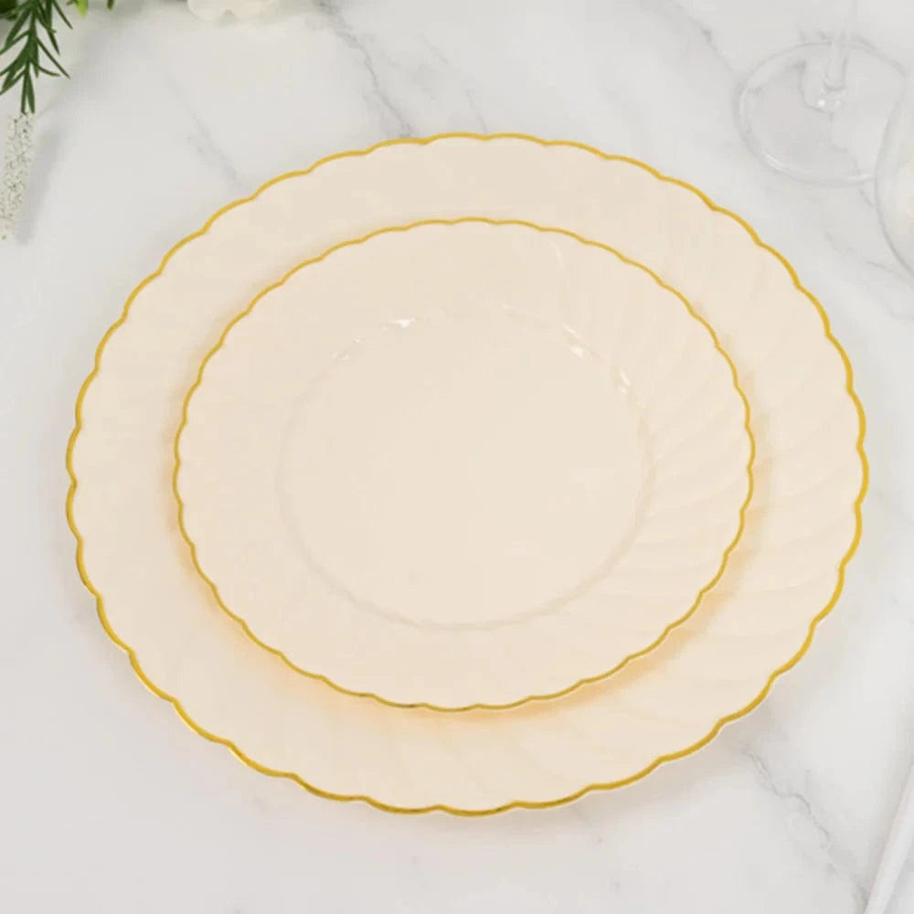10 Round Plastic Salad Dinner Plates with Gold Swirl Design Rim - Disposable Tableware