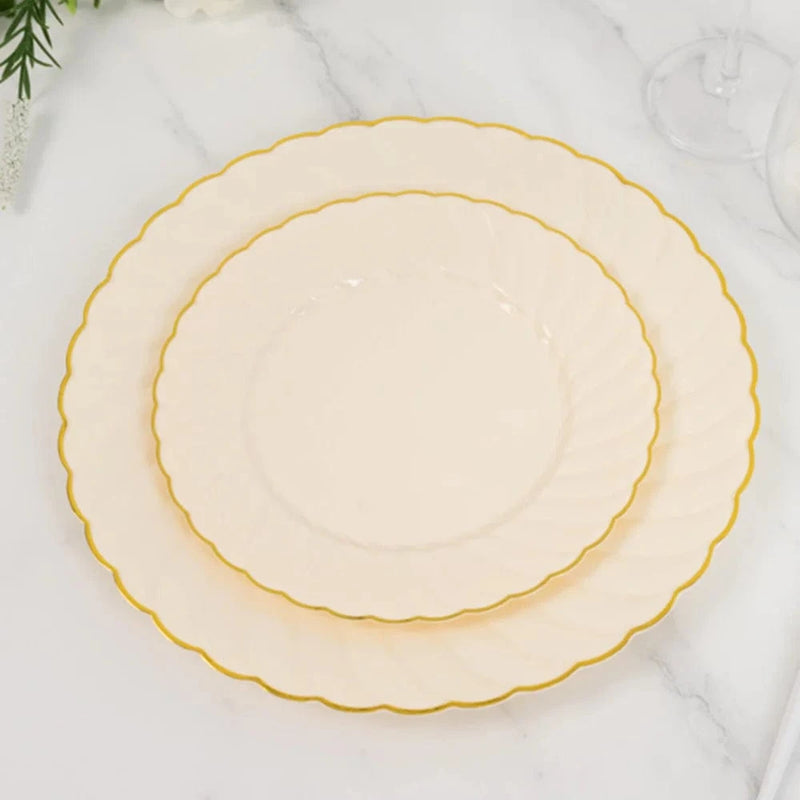 10 Round Plastic Salad Dinner Plates with Gold Swirl Design Rim - Disposable Tableware