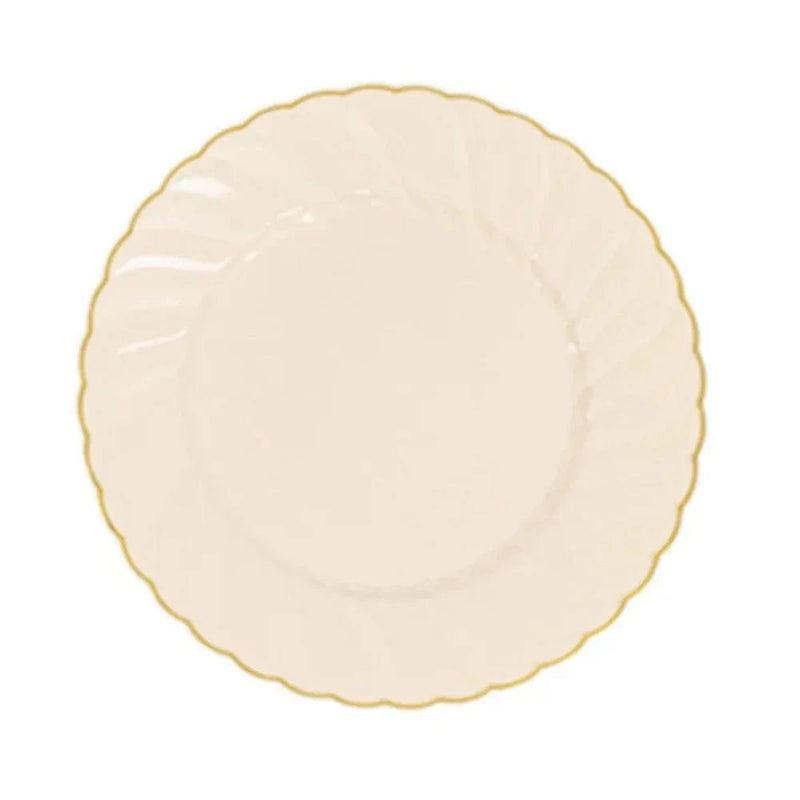 10 Round Plastic Salad Dinner Plates with Gold Swirl Design Rim - Disposable Tableware DSP_PLR0021_10_IVGD