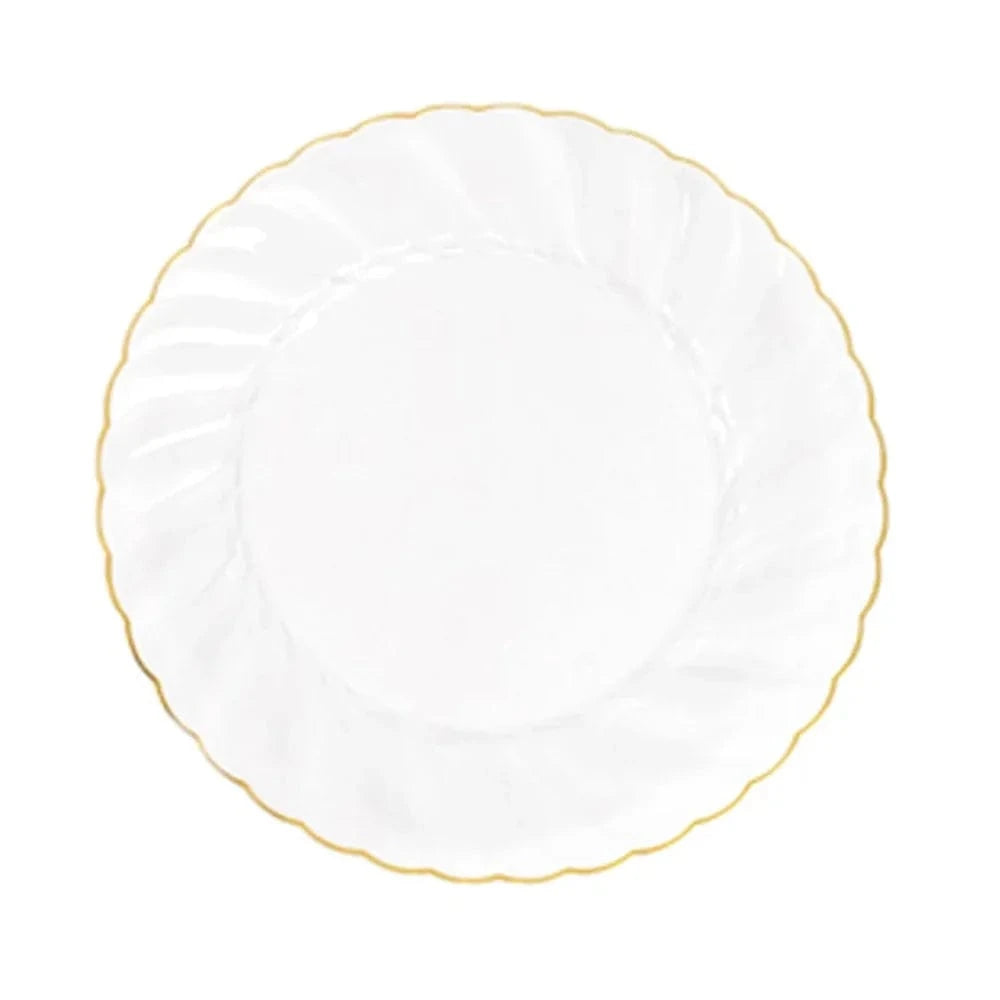 10 Round Plastic Salad Dinner Plates with Gold Swirl Design Rim - Disposable Tableware DSP_PLR0021_7_CLGD