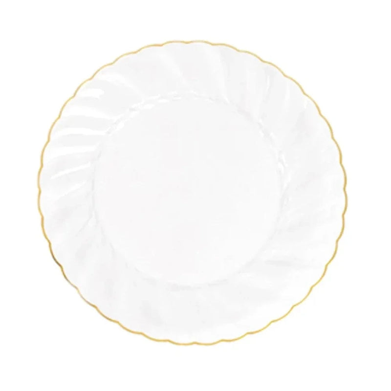 10 Round Plastic Salad Dinner Plates with Gold Swirl Design Rim - Disposable Tableware DSP_PLR0021_7_CLGD