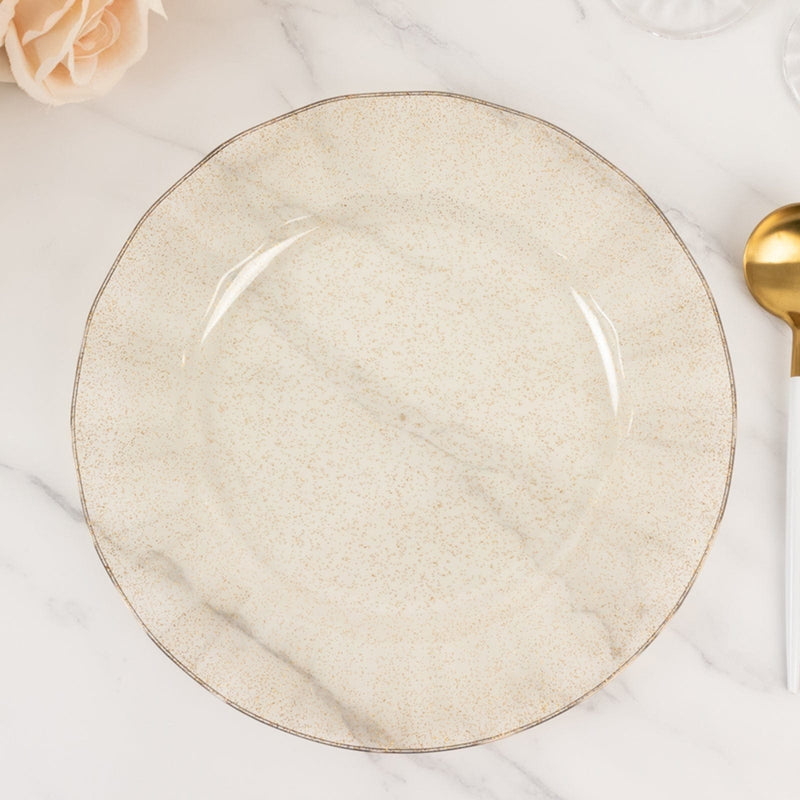 10 Round Plastic Salad Dinner Plates with Gold Wavy Rim - Disposable Tableware