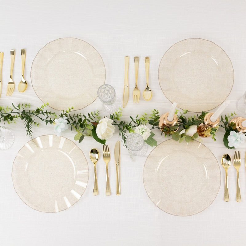 10 Round Plastic Salad Dinner Plates with Gold Wavy Rim - Disposable Tableware