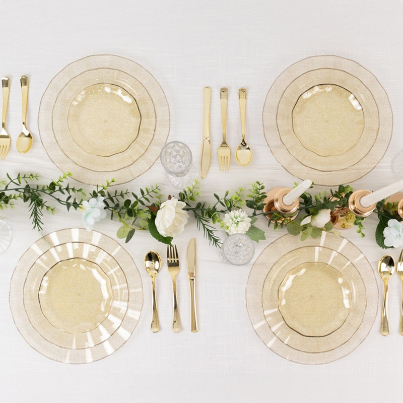 10 Round Plastic Salad Dinner Plates with Gold Wavy Rim - Disposable Tableware