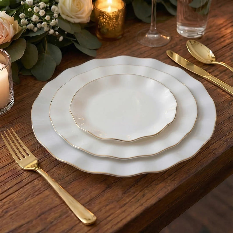 10 Round Plastic Salad Dinner Plates with Gold Wavy Rim - Disposable Tableware