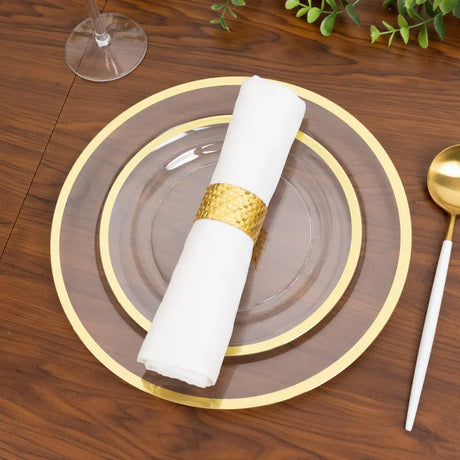 10 Round Plastic Salad Plates with Gold Rim - Disposable Tableware