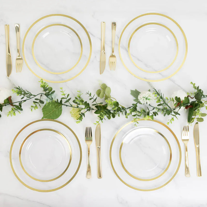 10 Round Plastic Salad Plates with Gold Rim - Disposable Tableware