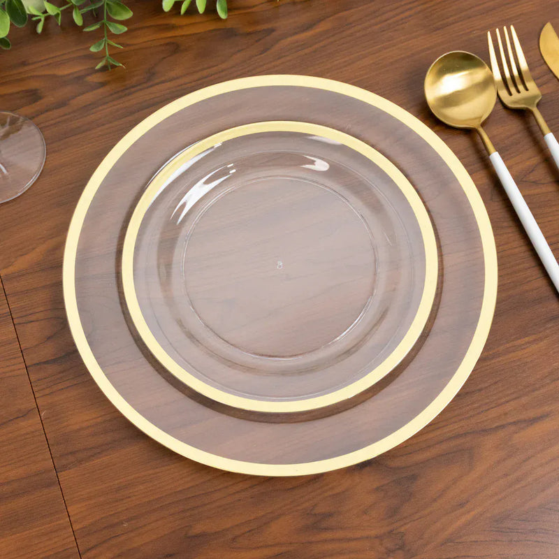 10 Round Plastic Salad Plates with Gold Rim - Disposable Tableware