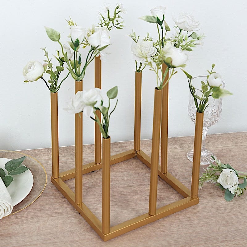 10" Square 8-Tubes Minimalist Base Design Flower Vase Centerpiece - Gold IRON_VASE_013_SQUR_10_GOLD