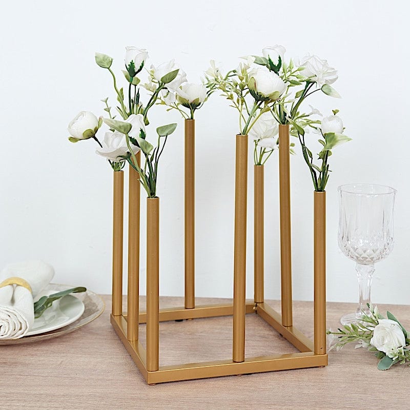 10" Square 8-Tubes Minimalist Base Design Flower Vase Centerpiece - Gold IRON_VASE_013_SQUR_10_GOLD