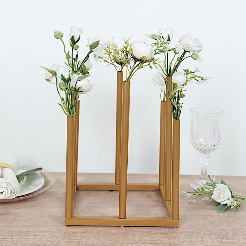10" Square 8-Tubes Minimalist Base Design Flower Vase Centerpiece - Gold IRON_VASE_013_SQUR_10_GOLD