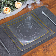 10 Square Concave Plastic Salad and Dinner Plates with Gold Rim - Disposable Tableware