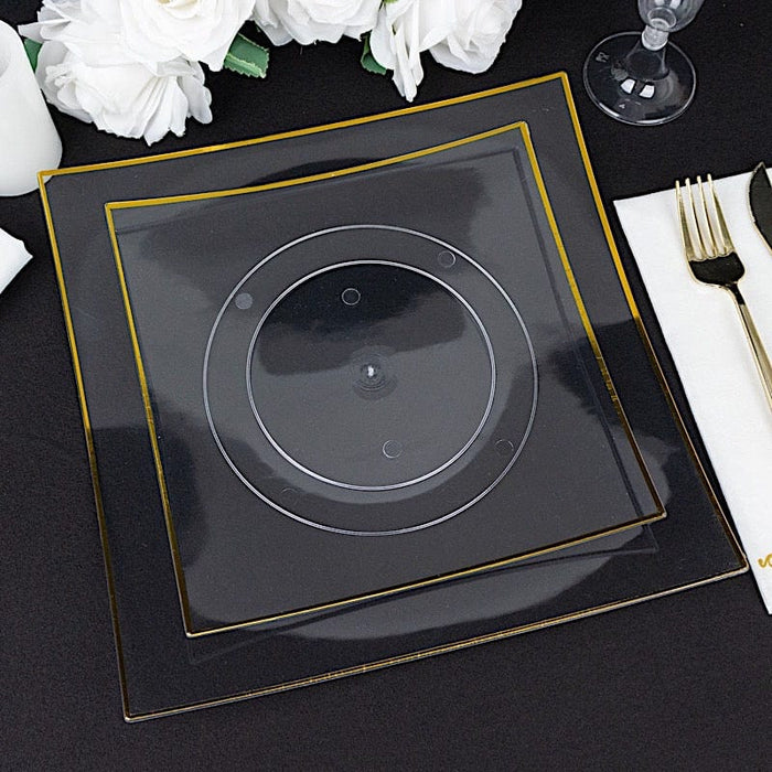 10 Square Concave Plastic Salad and Dinner Plates with Gold Rim - Disposable Tableware