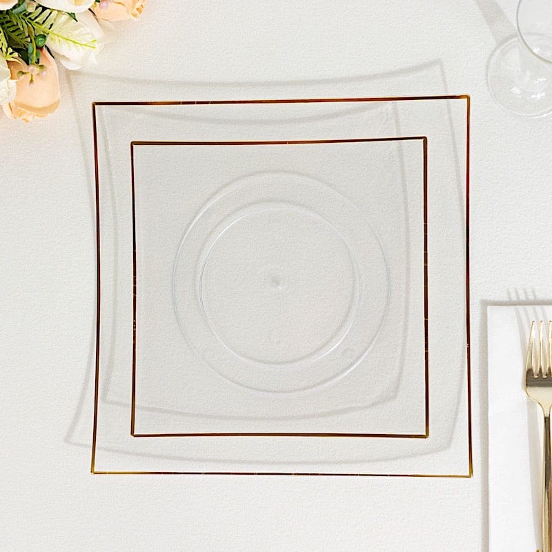 10 Square Concave Plastic Salad and Dinner Plates with Gold Rim - Disposable Tableware