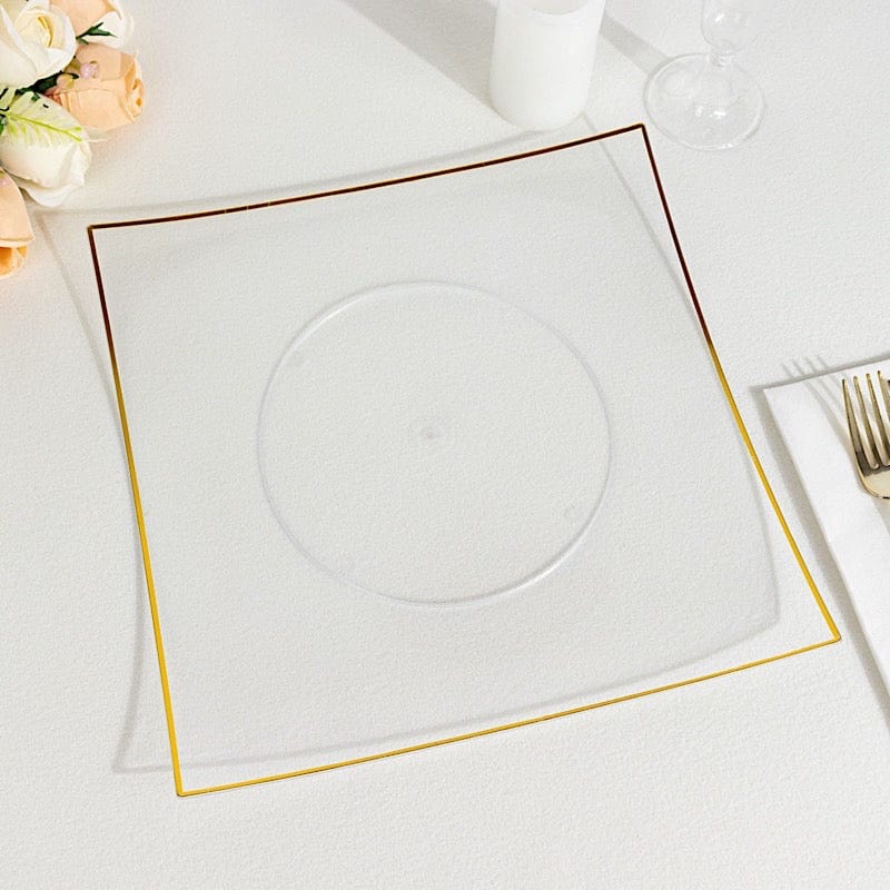 10 Square Concave Plastic Salad and Dinner Plates with Gold Rim - Disposable Tableware