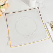 10 Square Concave Plastic Salad and Dinner Plates with Gold Rim - Disposable Tableware