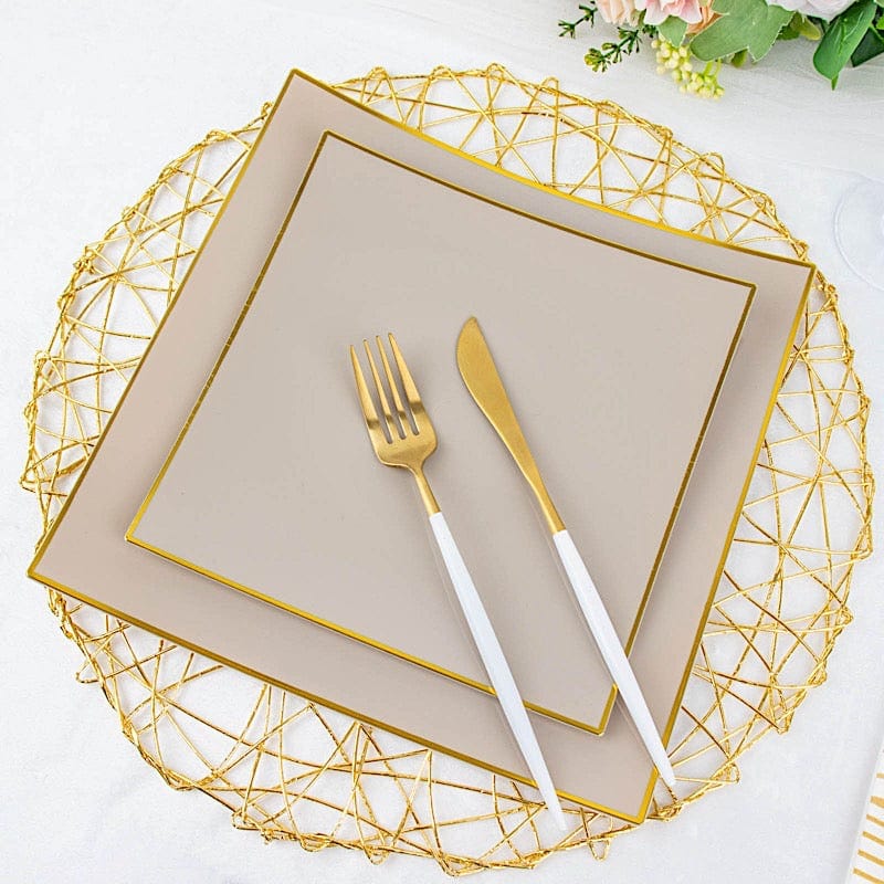 10 Square Concave Plastic Salad and Dinner Plates with Gold Rim - Disposable Tableware