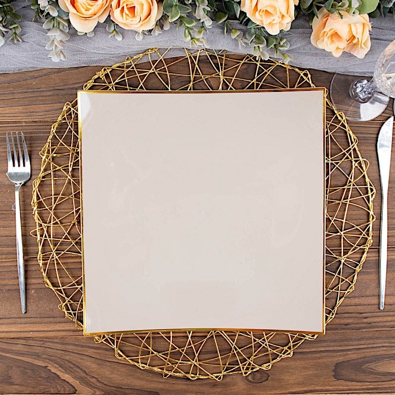 10 Square Concave Plastic Salad and Dinner Plates with Gold Rim - Disposable Tableware