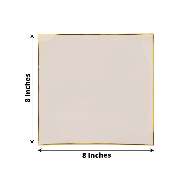 10 Square Concave Plastic Salad and Dinner Plates with Gold Rim - Disposable Tableware