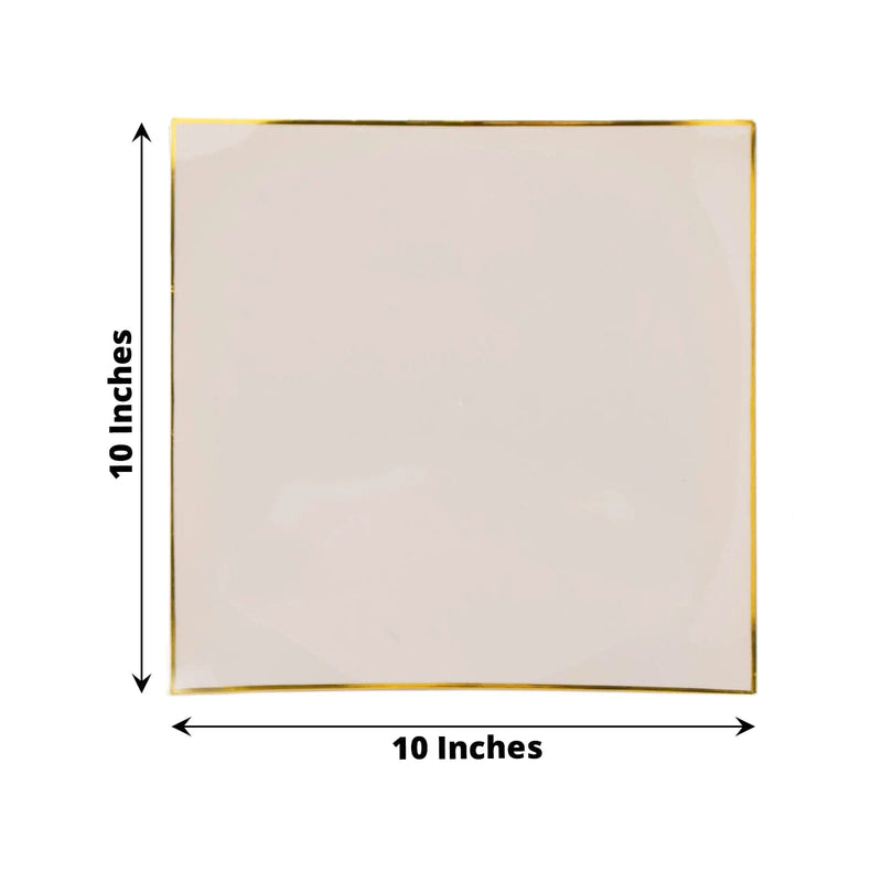 10 Square Concave Plastic Salad and Dinner Plates with Gold Rim - Disposable Tableware