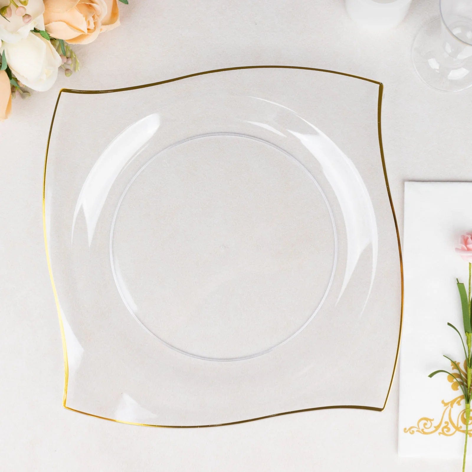 10 Square Plastic Salad and Dinner Plates with Wavy Gold Rim - Disposable Tableware
