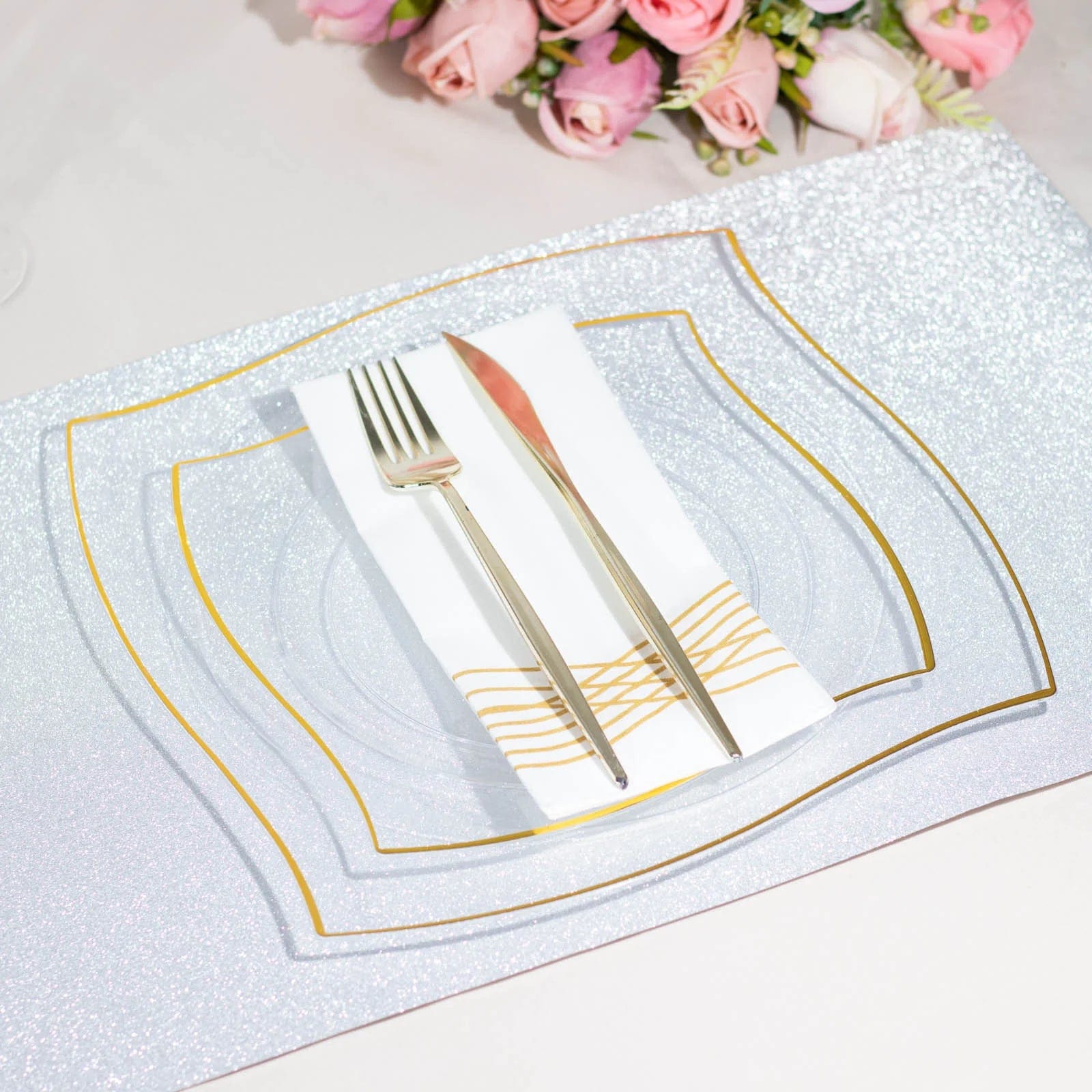10 Square Plastic Salad and Dinner Plates with Wavy Gold Rim - Disposable Tableware
