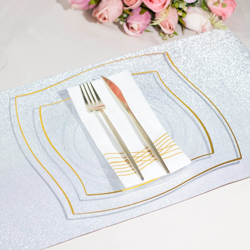 10 Square Plastic Salad and Dinner Plates with Wavy Gold Rim - Disposable Tableware